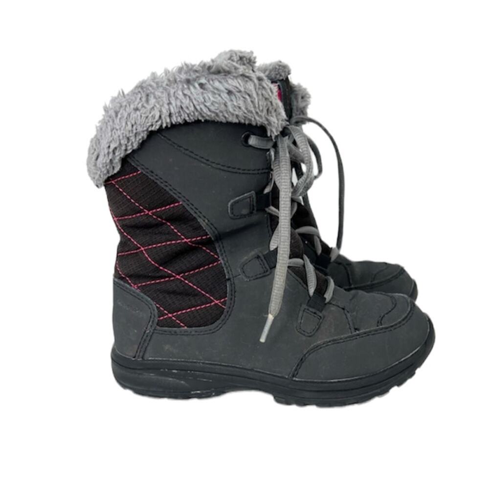 Columbia charcoal gray pink faux fur trim winter lace up ankle snow boots size 1